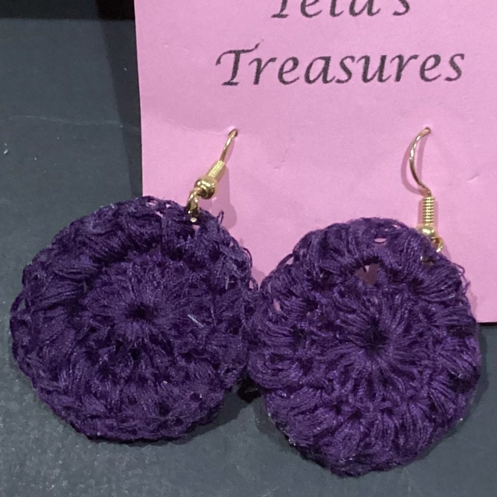 Earrings Grape Purple Starburst Circle Crocheted Crochet Hand Crafted